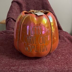 Rae Dunn “Let’s Carve Out Some Fun” orange, iridescent pumpkin planter.